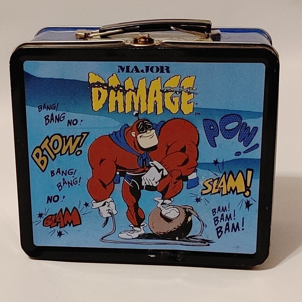 RARE 2001 Major Damage Metal Lunch Box Cartoon Superhero Cool Colorful Lunchbox